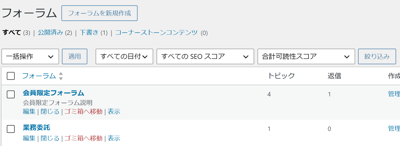 フォーラムの一覧画面。フォーラム名、トピック数、返信数、作成者、作成日、最新の投稿の列が並ぶ
